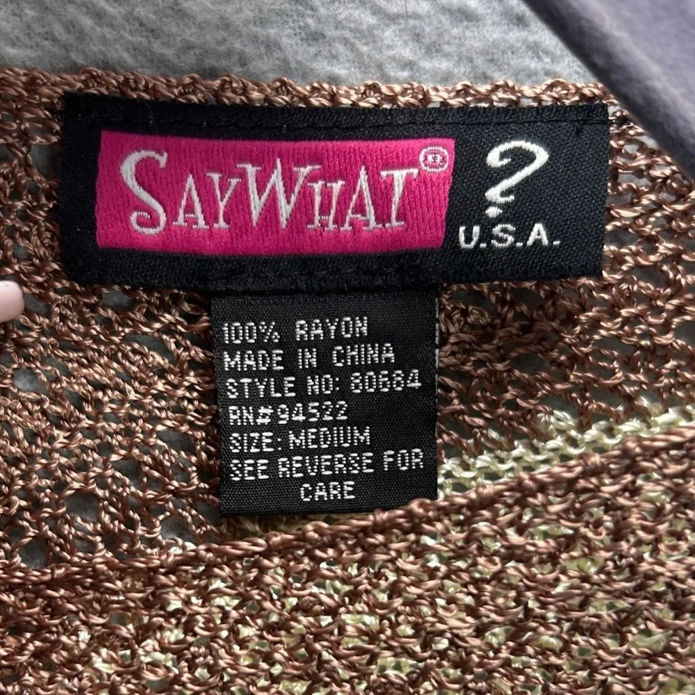 Say What Open Knit Sweater Womens Medium‎ Brown Stripe Bell Sleeve Boho Crochet
